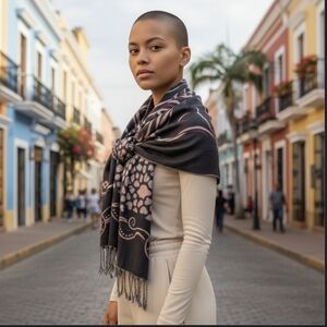 Reversible Oversized Pashmina Black Pink Print Fringe Silk Blend Scarf/Shawl